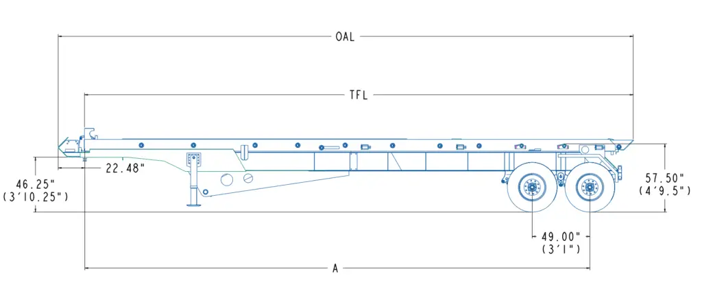 Side-view technical drawing of a Bridgemaster Roll Off Trailer with two axles, showing overall length (OAL), trailer length (TFL), wheel spacing, and labeled dimensions.