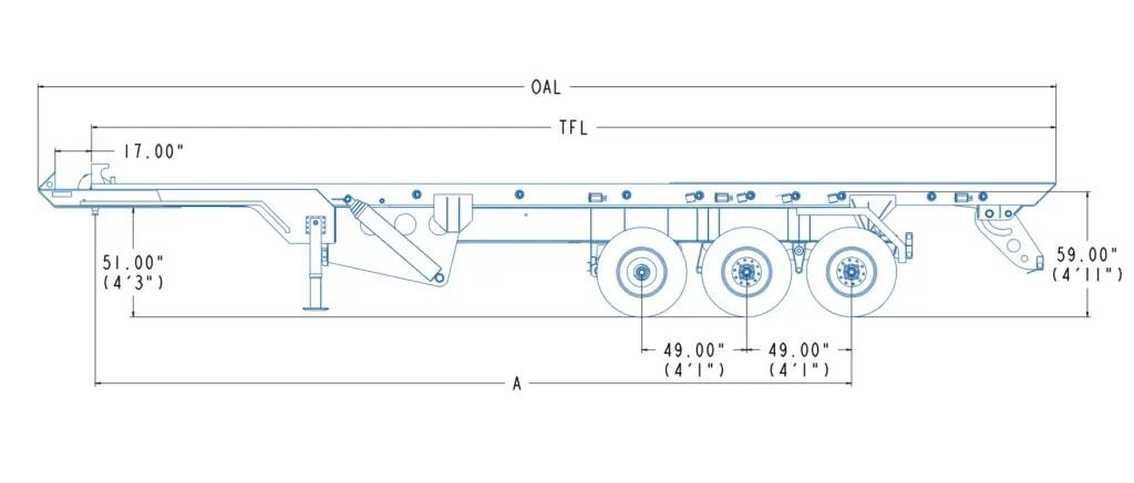 Side view technical drawing of a Conventional Roll Off trailer with three axles; shows OAL, TFL, 17" front overhang, 49" axle spacing, and 59" overall height.