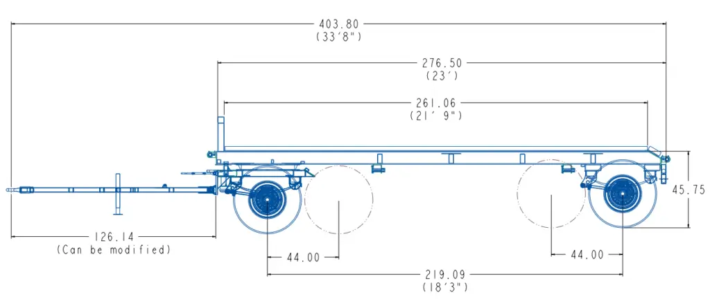 Side-view technical drawing of a Dry Pup Roll Off Trailer