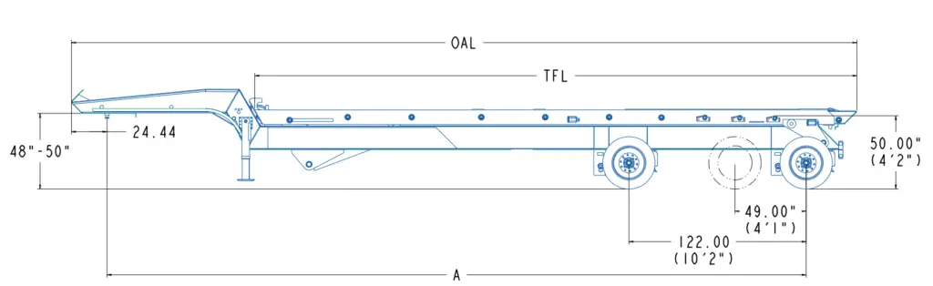 Side-view technical drawing of a drop deck roll off trailer with dimension lines labeled OAL and TFL, wheelbase, landing gear, and wheels.