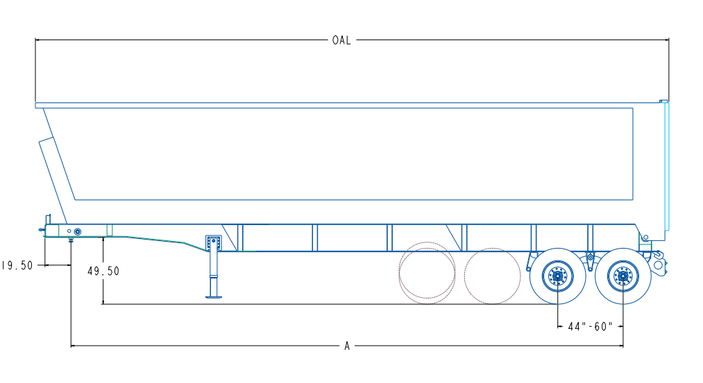 DumpMaster-Drawing Side view of a dump trailer with dimensions: overall length A, wheelset, and landing gear visible;