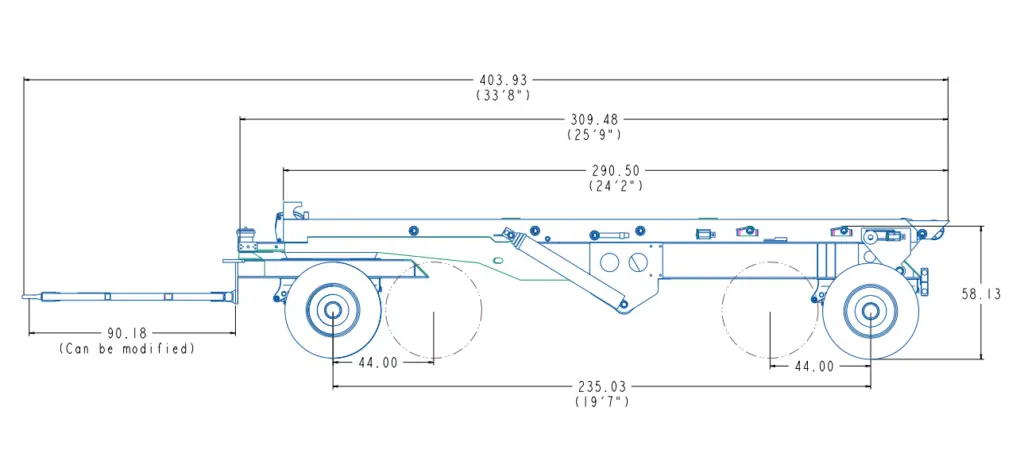 Side-view technical drawing of a live pup roll off trailer with dimension measurements in inches and feet.