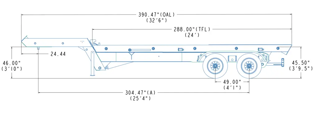 Side View technical drawing of a tandem-axle Mini Drop Deck Roll Off trailer with dimension callouts.