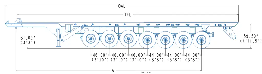 Multi_Axle_Roll_Off_Trailer_Drawing Side-view technical diagram of a multi-axle roll off trailer with dimension lines (OAL, TFL, overall length) and landing gear.