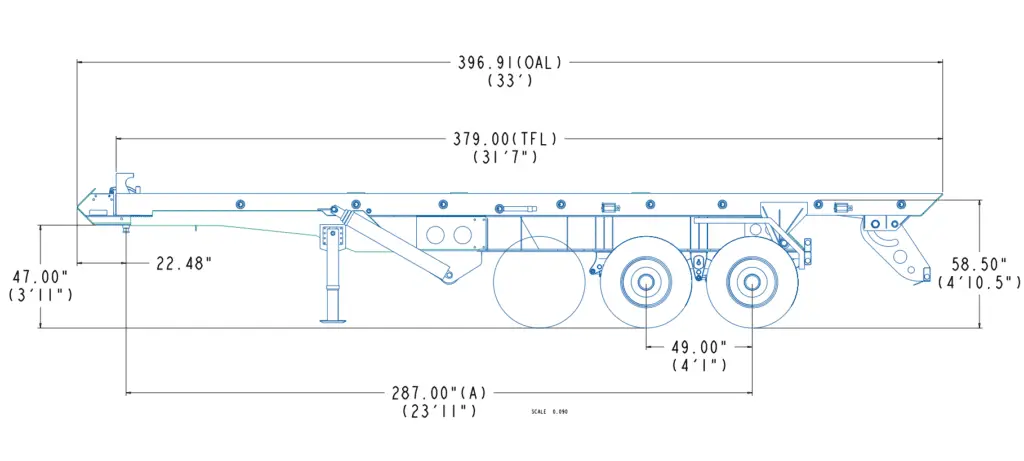 Side-view technical drawing of a trailer chassis with wheels, landing gear, and measurements (overall length ~396.9 in, wheelbase ~287 in).