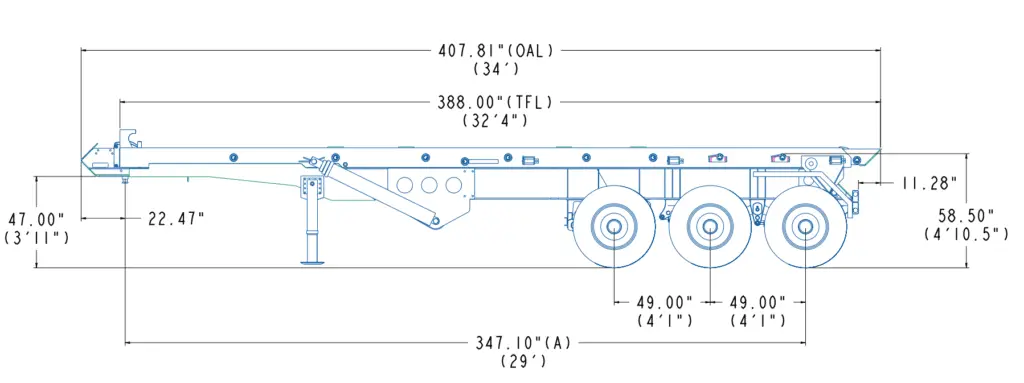 Side-view technical drawing of a multi-axle Roll Off Trailer with dimension lines and numeric measurements.