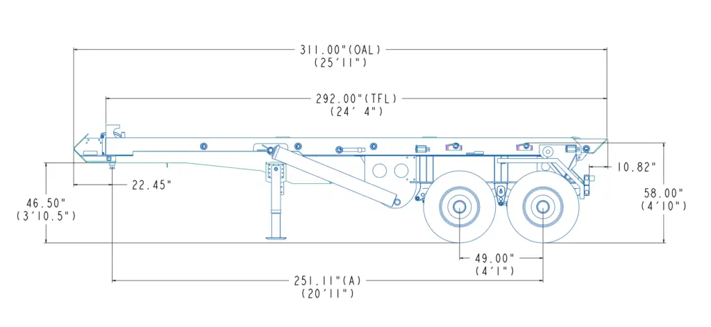 Side-view technical blueprint of a trailer with dimension labels and wheel placement, showing total length and wheelbase.