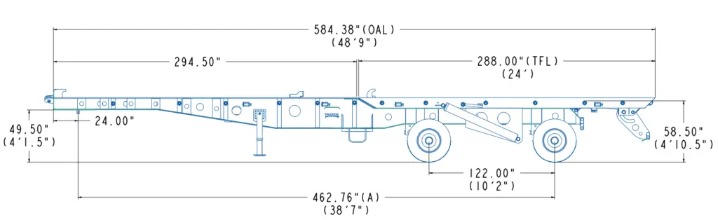 Technical side view of a two container roll off trailer with labeled dimensions and wheelbase measurements