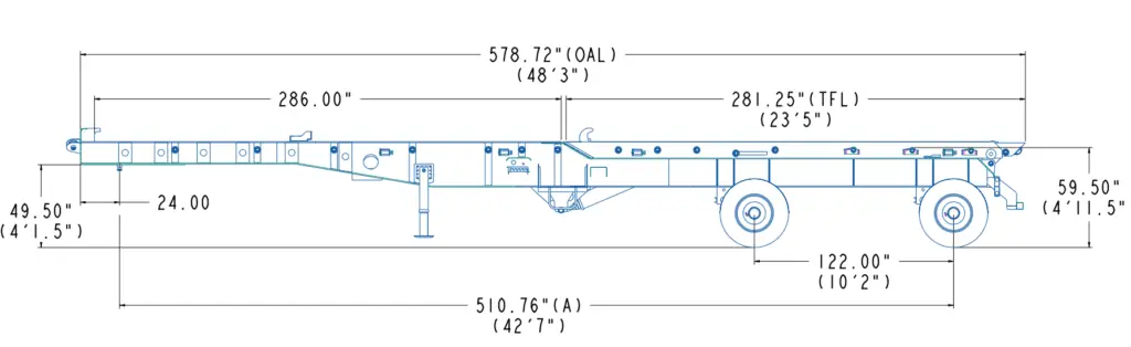 Side view technical drawing of a two container roll off trailer with dimension callouts.